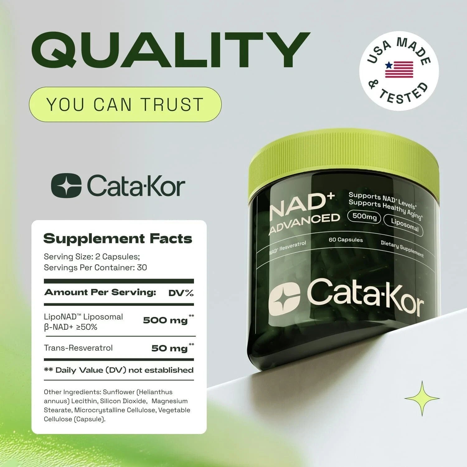Cata-Kor 500 Mg - NAD+ Supplement for Skin Aging Support, Energy