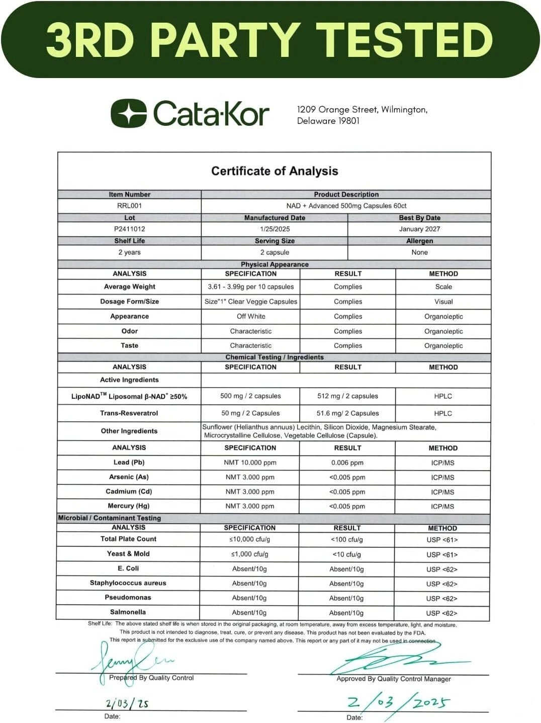 Cata-Kor 500 Mg - NAD+ Supplement for Skin Aging Support, Energy